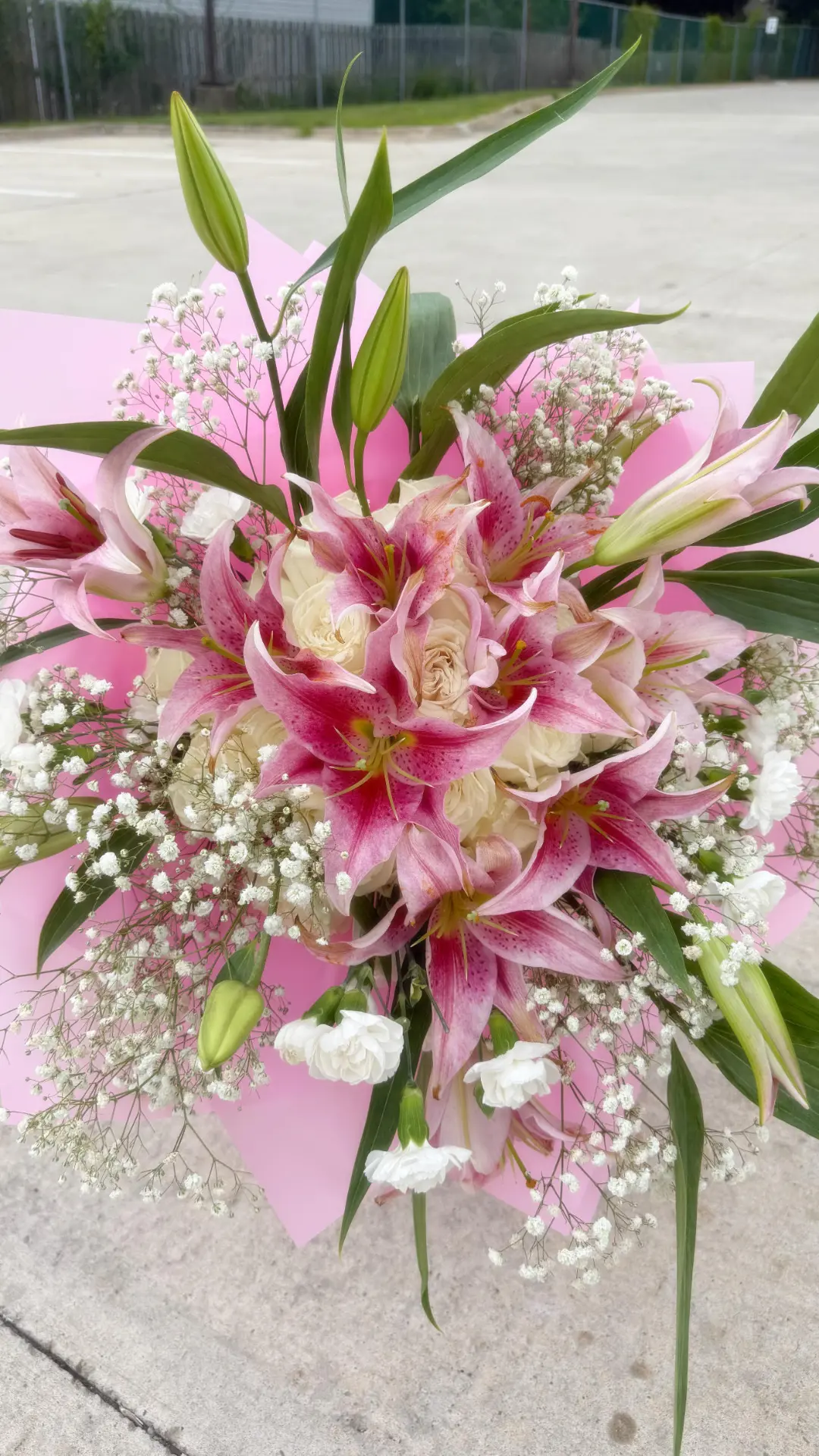 Pink stargazer lily bouquet with baby's breath in pink wrapping
